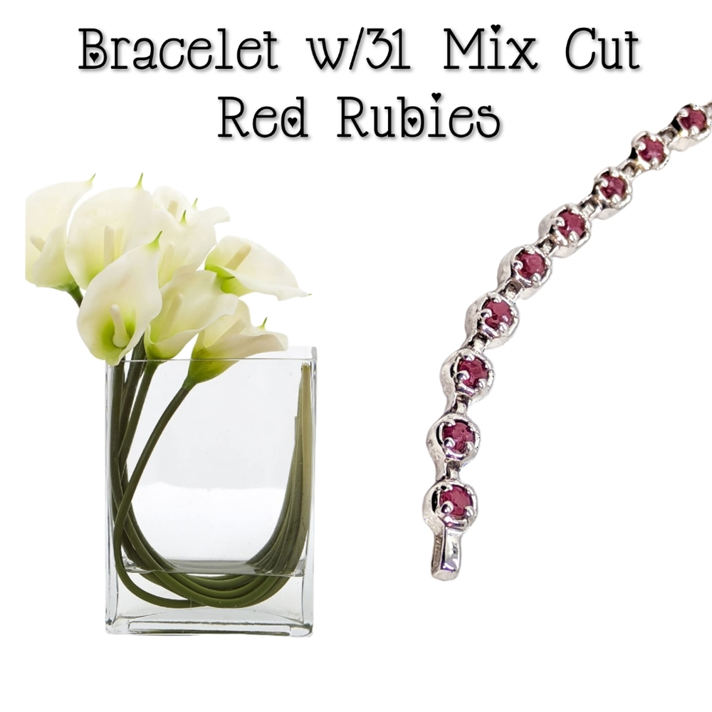 Sterling Silver Bracelet with 31 Mix Cut Red Rubies